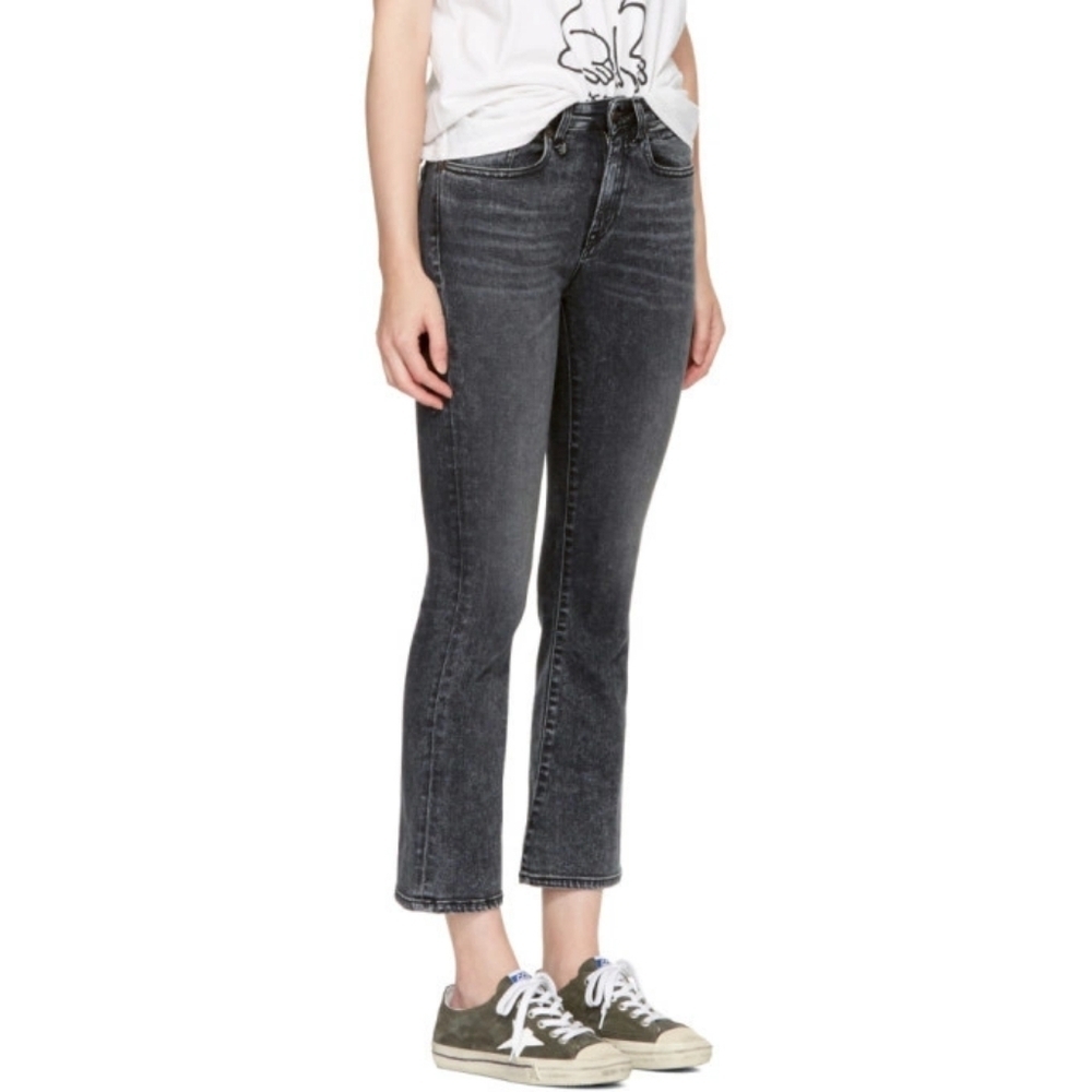R13 mid rise black kick fit flare ankle jeans
